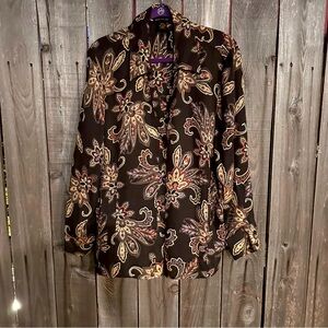 Grace Dane Lewis Long Sleeve Button Up Blouse Floral Paisley 100% Silk 20W